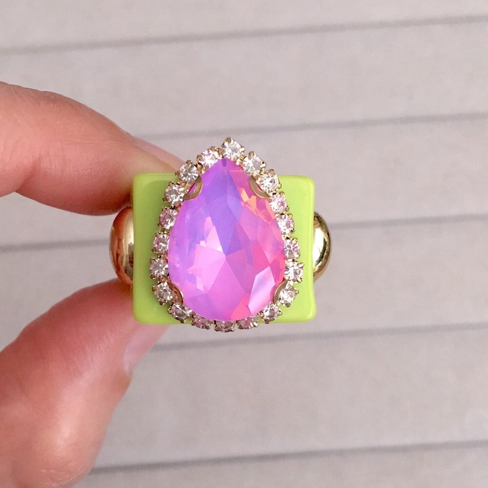 Neon Green, Gold + Pink-Purple Opal Aurora Borealis Crystal Halo Pear Ring